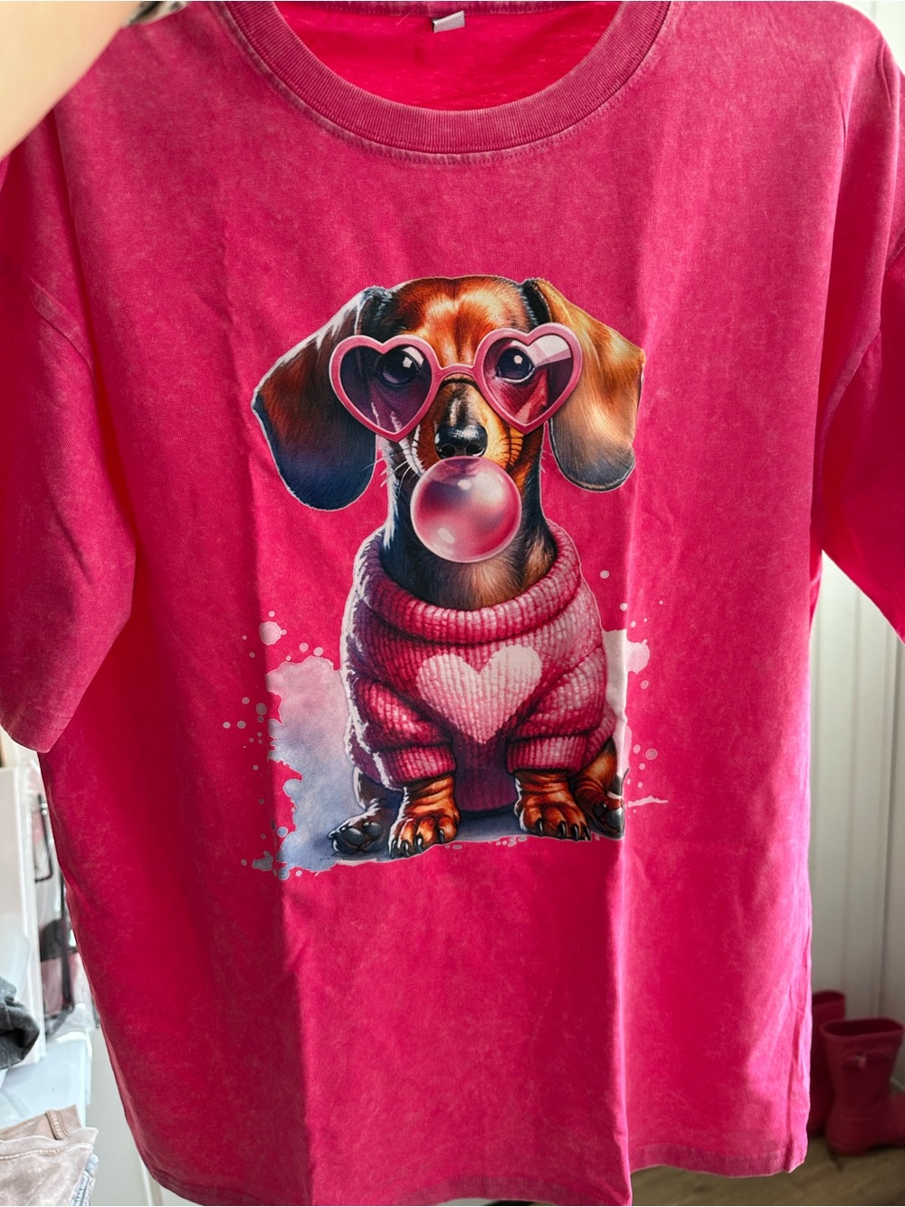 New Large Stonewashed Hot Pink Dachshund Bubblegum Shirt